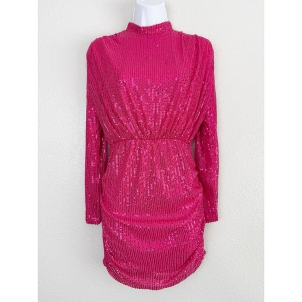 Mundefeis pink sequin long sleeve mock neck ruched mini dress S